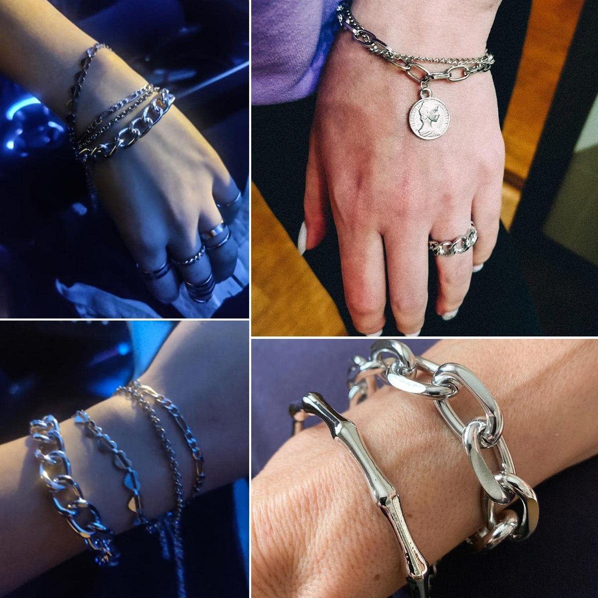17IF 18-25 PCS(6 Pack) Boho Gold Silver Stackable Bracelets Set for Women | Chunky Dainty Bangles Adjustable Chain Flat Cuff Cuban Punk Charm Bundle Jewelry
