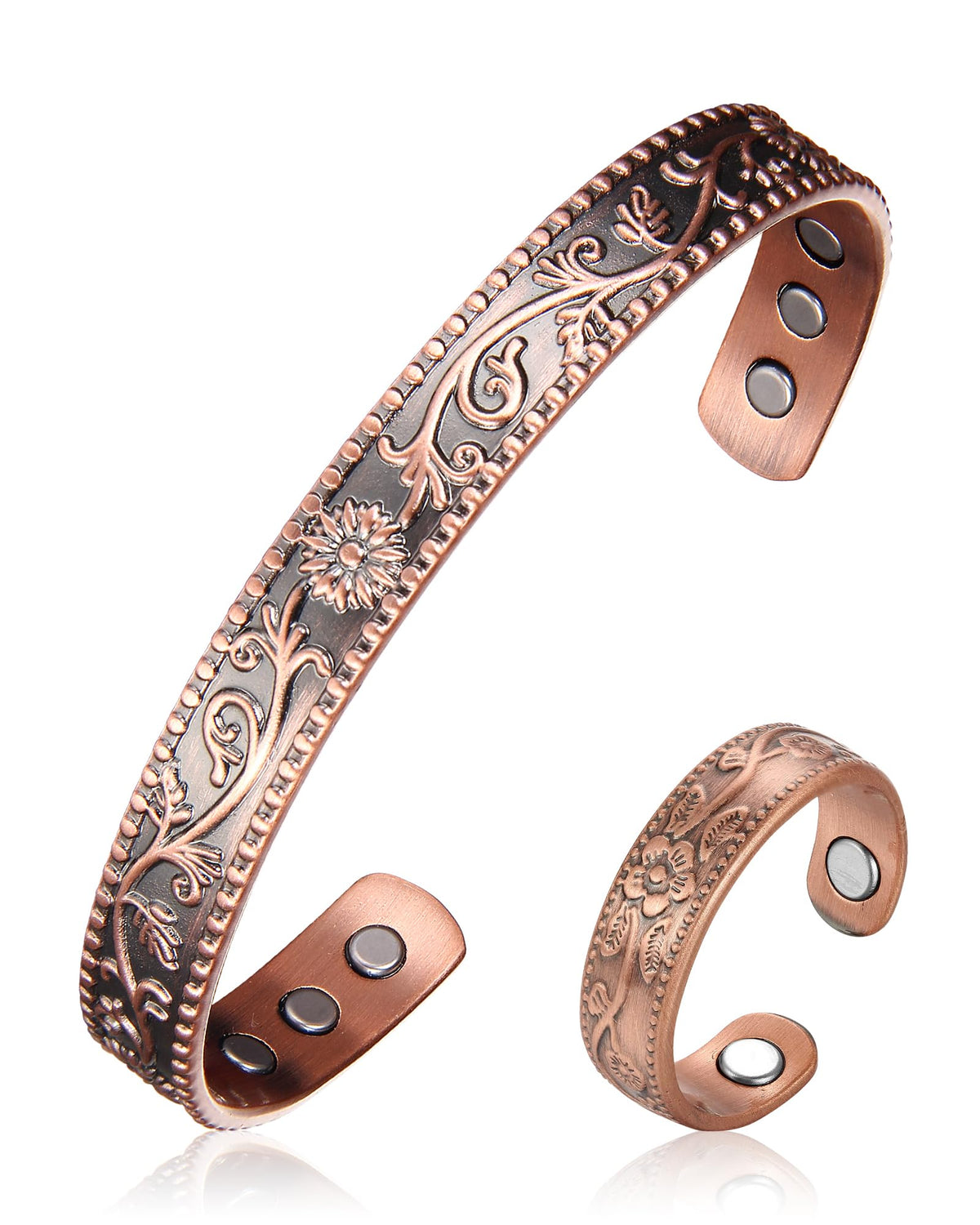 BioMag Copper Magnetic Bracelet Set for Women Men, Pure Copper Jewelry Gift | 99.99% Pure Copper Cuff Bangle Lymphatic Drainage Rings with 3500 Gauss Magnets, Adjustable & Flower Pattern, Multicolor