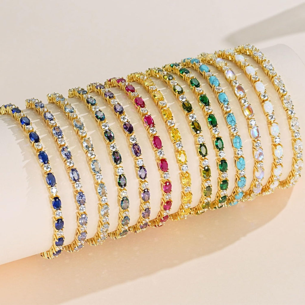 FANCIME 14K Gold Plated Sterling Silver Birthstone Bolo Tennis Bracelets