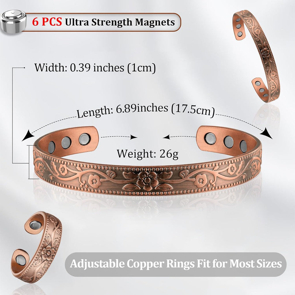 BioMag Copper Magnetic Bracelet Set for Women Men, Pure Copper Jewelry Gift | 99.99% Pure Copper Cuff Bangle Lymphatic Drainage Rings with 3500 Gauss Magnets, Adjustable & Flower Pattern, Multicolor