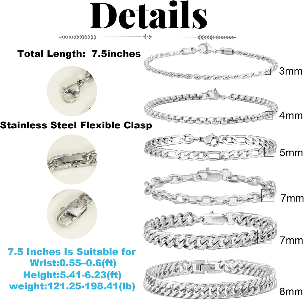 XIANNVXI 6pc Silver/Gold/Black Stainless Steel Bracelets for Men Gifts | 6.5/7/7.5/8.3/9 Inches Cuban Link Chain Bracelets Set Mens Fashion Accessories Jewelry Set