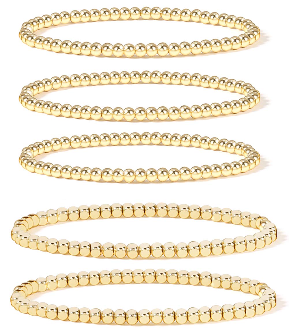 Badu Gold Plate Bead Bracelet for Women 14K Gold Plated Bead Ball Bracelet Stretchable Elastic Hypoallergenic Bohemian Stackable