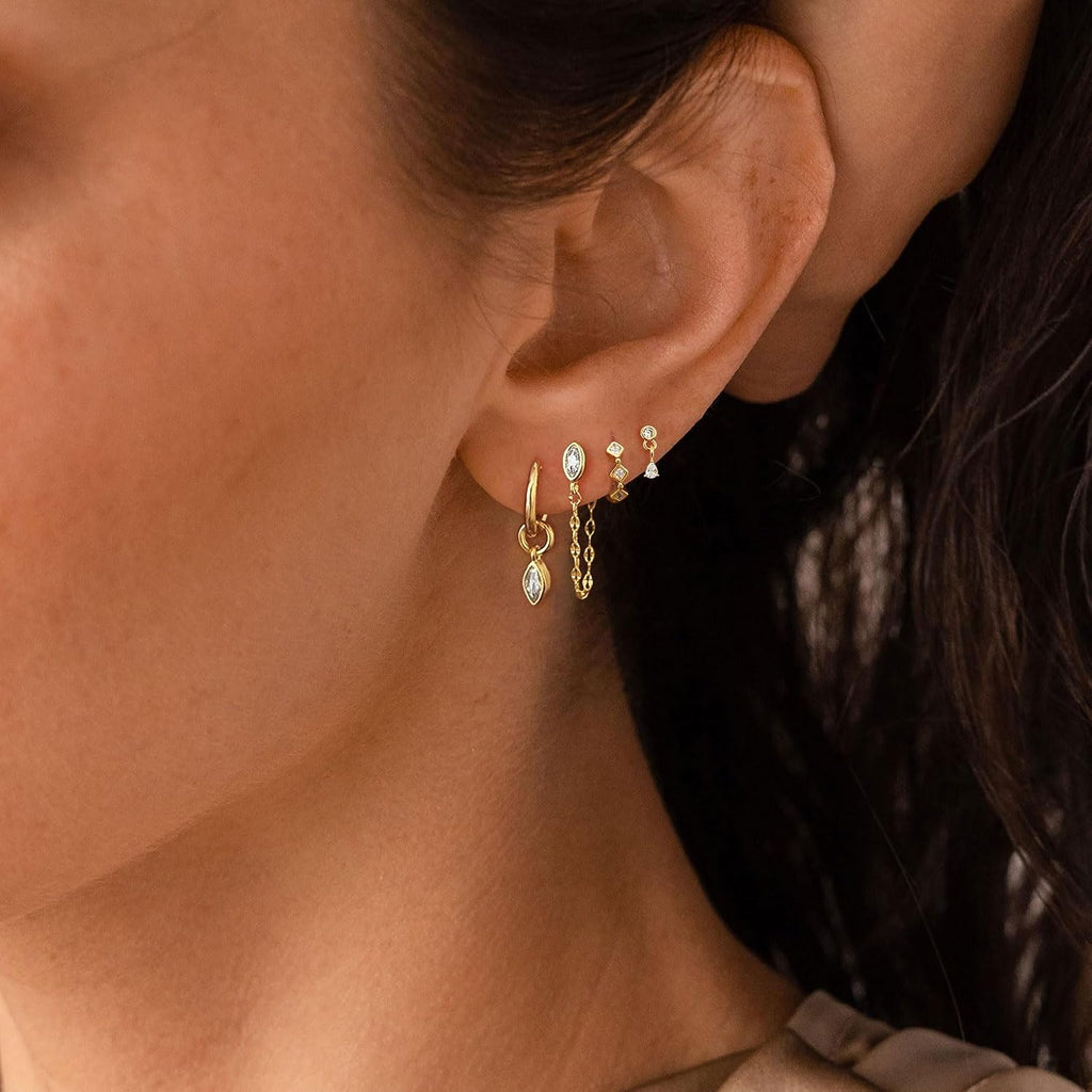 Gold Earrings for Women, Dainty Earring Stacks 14K Gold Plated Chain Earrings Cute Hypoallergenic Huggie Earrings for Women Trendy Unique Drop Hoop Earrings Stack Fashion Gold Jewelry Set