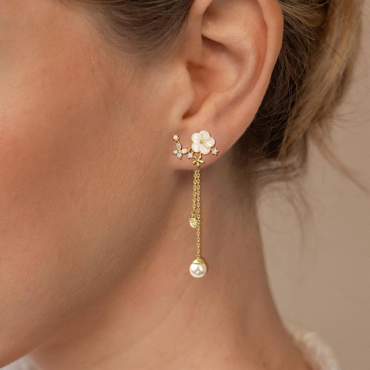 Dangle Pearl Drop Gold Earrings for Women Flower Wedding Jewelry | Dangling for Brides, Prom, Long Threader Chain, Trendy, Dainty, Sparkly CZ, Gifts for Women