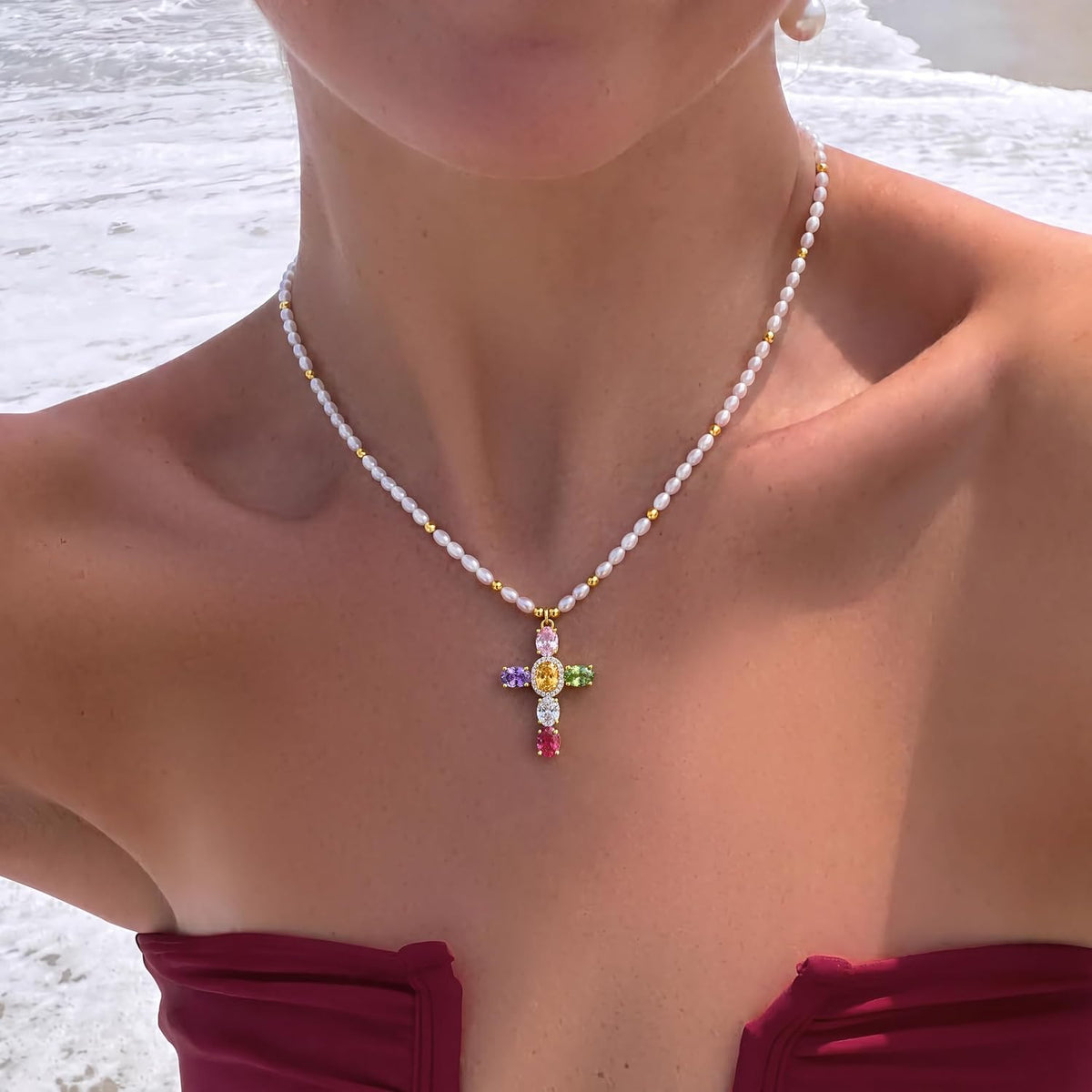 DEARMAY 14K Gold Plated Colorful CZ Cross Necklace for Women, Multi-Color Cubic Zirconia Beaded Station Chain Dainty Statement Pendant Jewelry Gifts