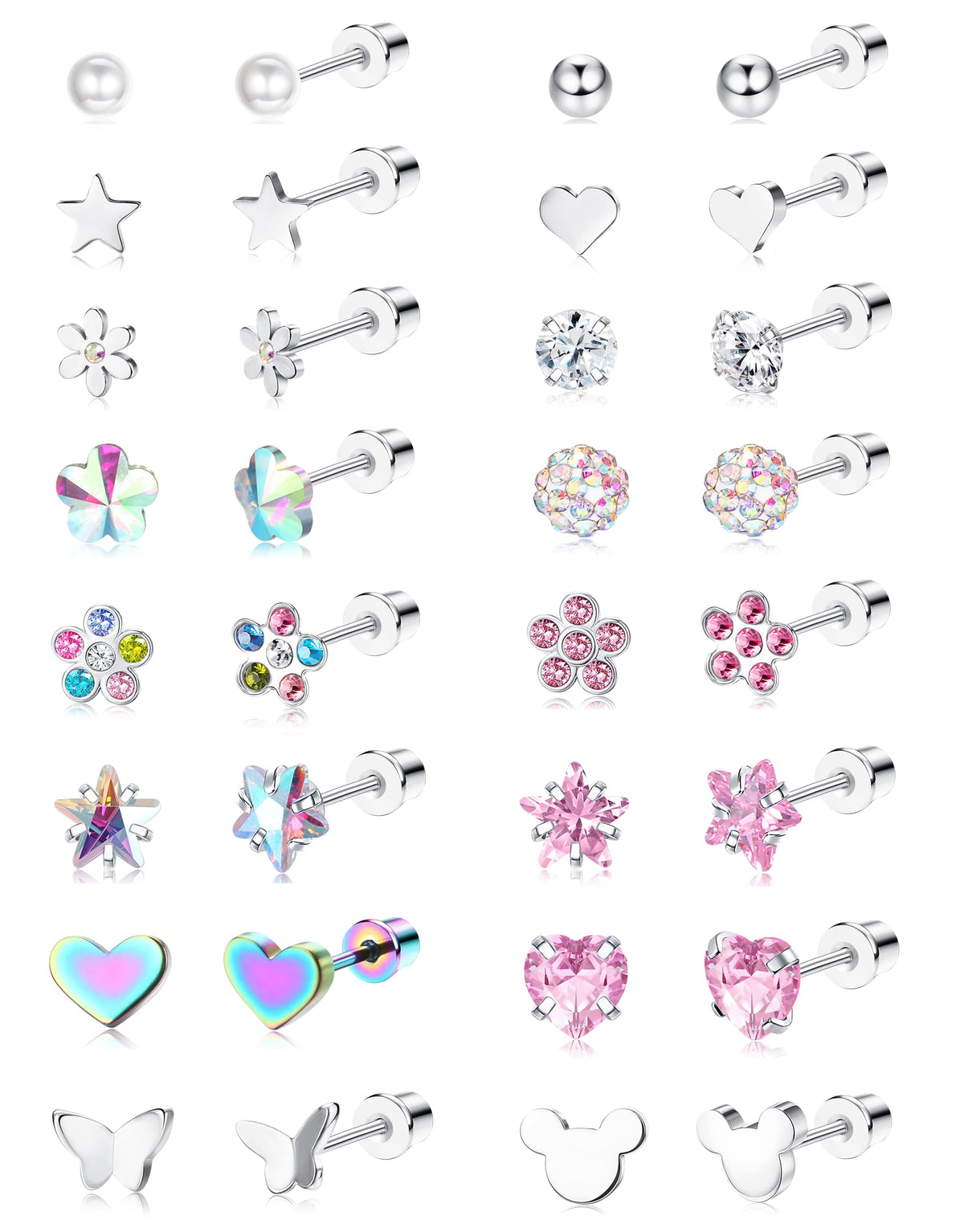 CASSIECA 16Pairs Hypoallergenic Flat Back Earrings for Girls Stud Earrings | Screwback Stud Earrings,FlatBack For Girls Kids Toddler Women,Surgical Steel,Cute Pearl Heart Flower Studs,Jewelry Gift