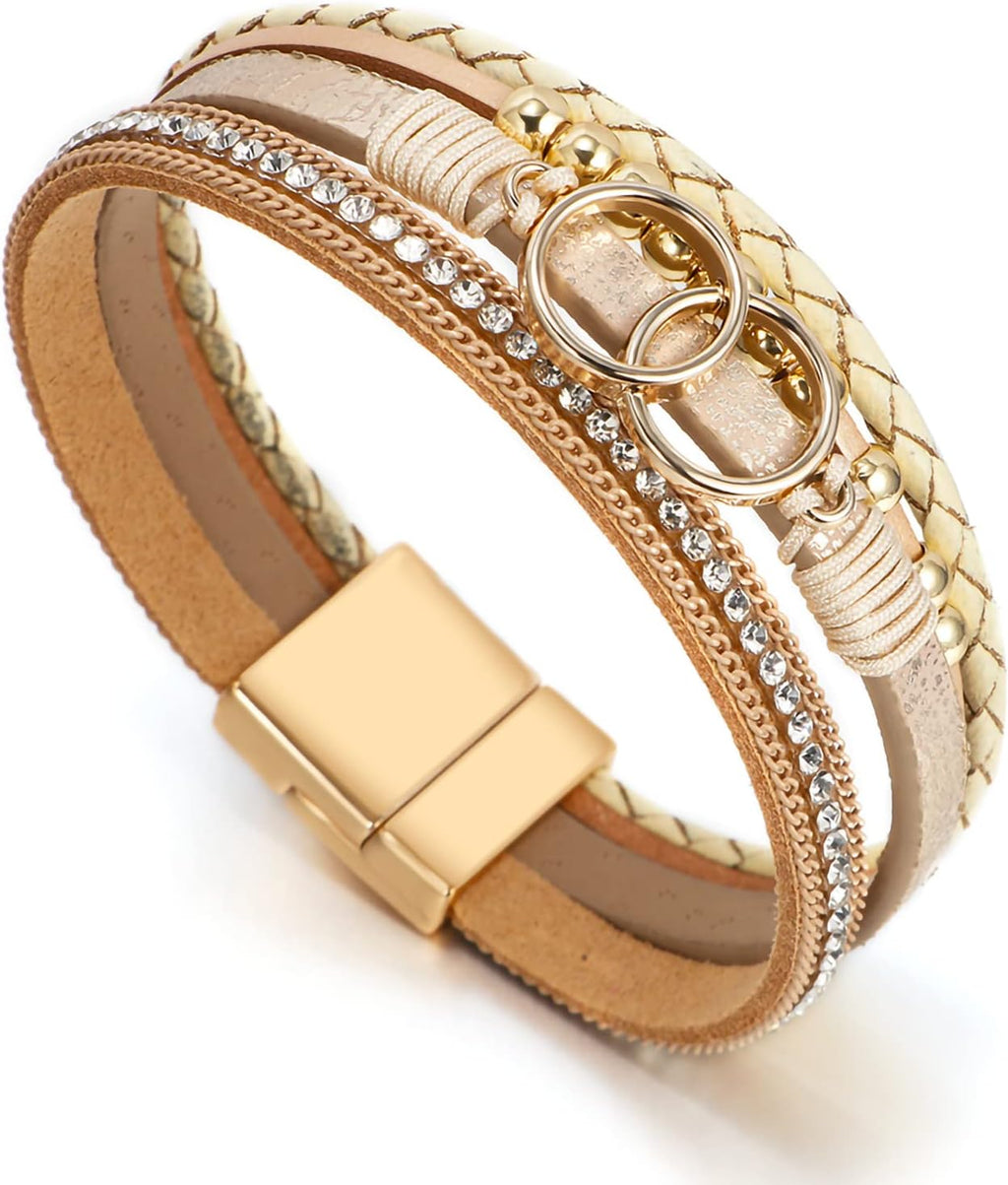 Fesciory Leather Wrap Bracelet for Women, Boho Western Layered Cuff Jewelry | Stackable Bracelets, Easy-On Clasp, Daily Wear, Pairs with Boho Western Outfits, Gift for Women