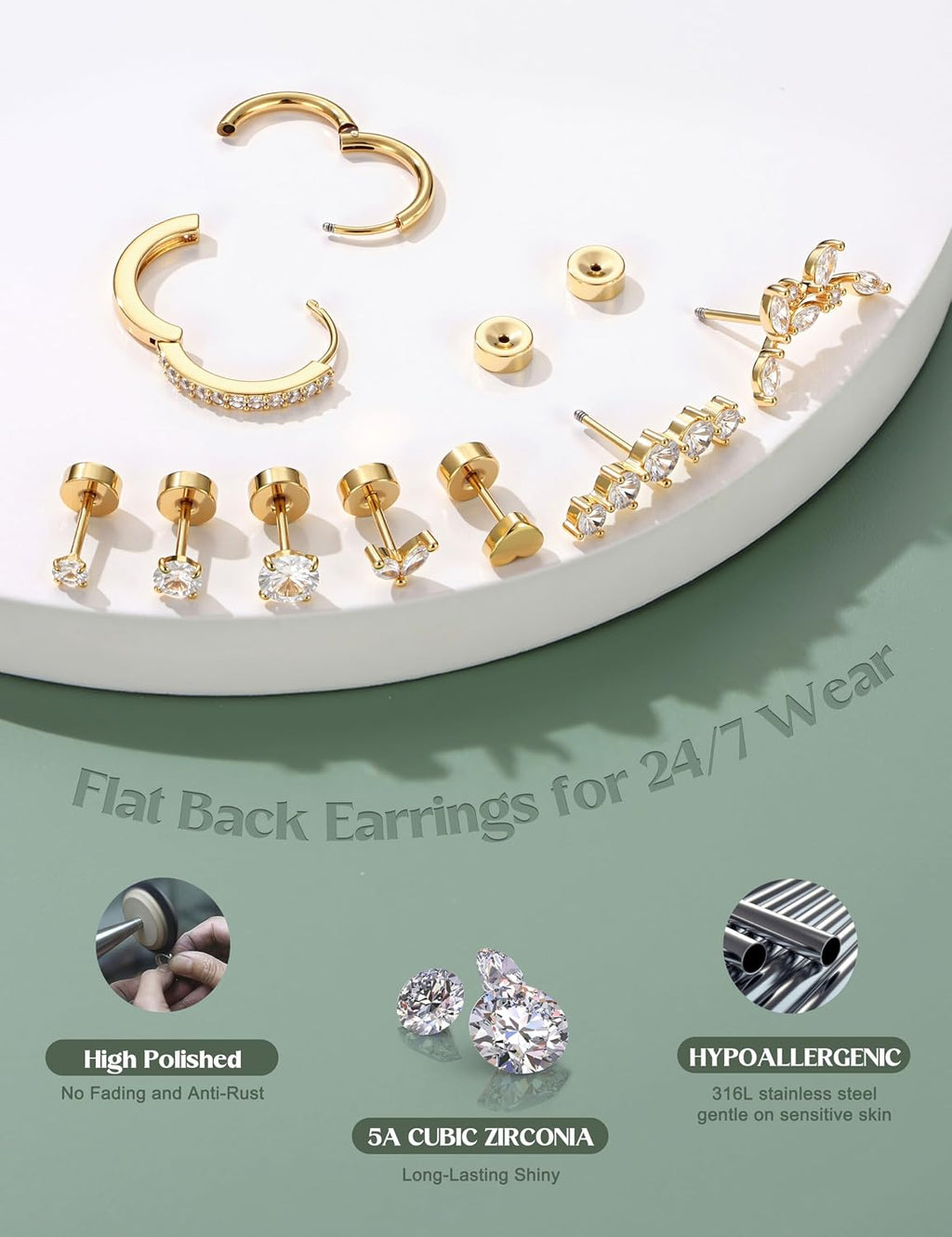 LOLIAS Hypoallergenic Flat Back Earrings-Cartilage Earring Stacks-Surgical Steel Earrings for Sensitive Ears - Small Stainless Steel Flatback Stud Hoop Earring Sets for Helix Tragus Conch Daith Multiple Piercing Jewelry Trendy