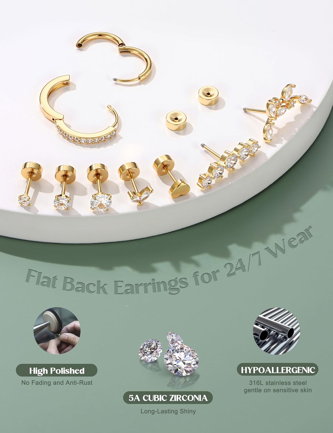 LOLIAS Hypoallergenic Flat Back Earrings-Cartilage Earring Stacks-Surgical Steel Earrings for Sensitive Ears - Small Stainless Steel Flatback Stud Hoop Earring Sets for Helix Tragus Conch Daith Multiple Piercing Jewelry Trendy
