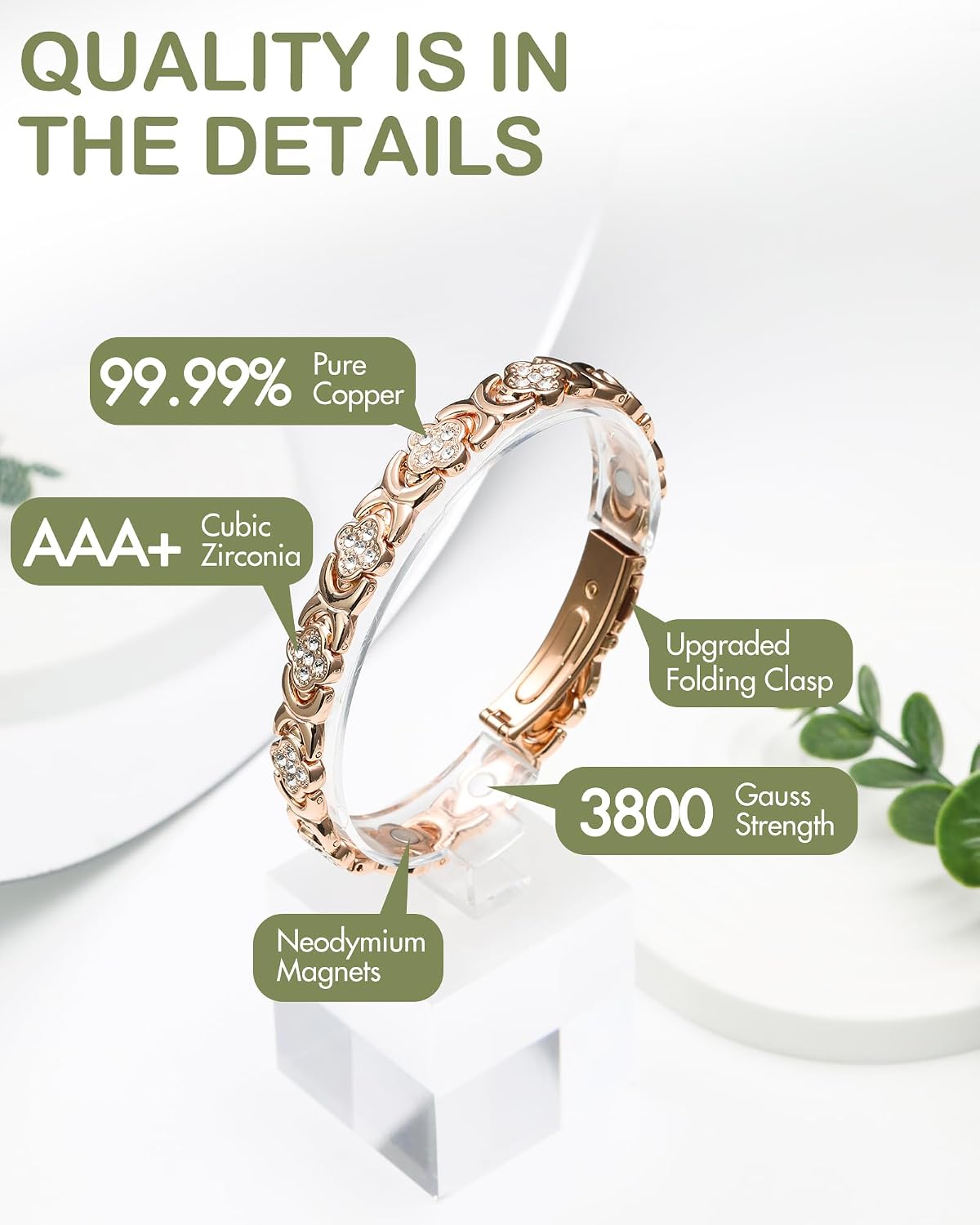 Feraco Pure Copper Bracelets for Women, Ultra Strength Magnetic Bracelet | Neodymium Magnets & Sparkling Cubic Zirconia, Adjustable, Infinite Clover Jewelry