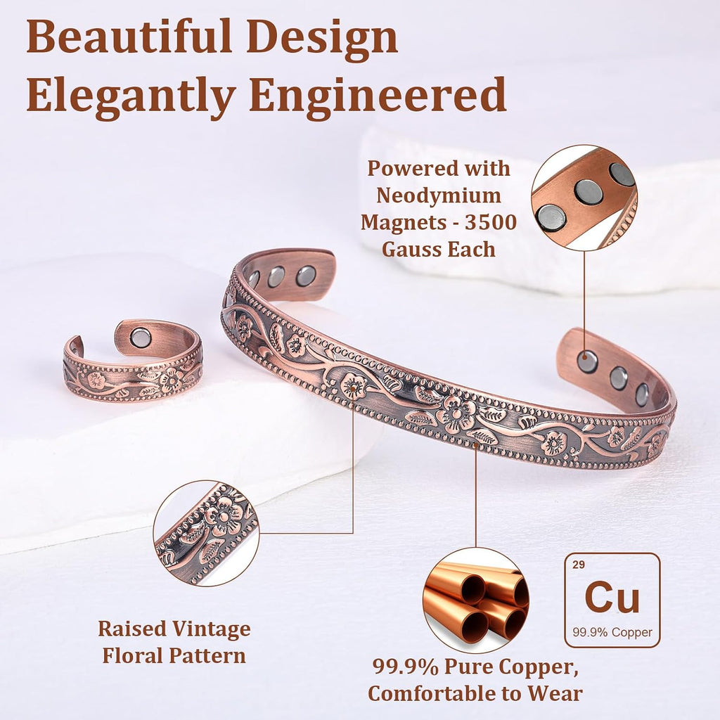 BioMag Copper Magnetic Bracelet Set for Women Men, Pure Copper Jewelry Gift | 99.99% Pure Copper Cuff Bangle Lymphatic Drainage Rings with 3500 Gauss Magnets, Adjustable & Flower Pattern, Multicolor