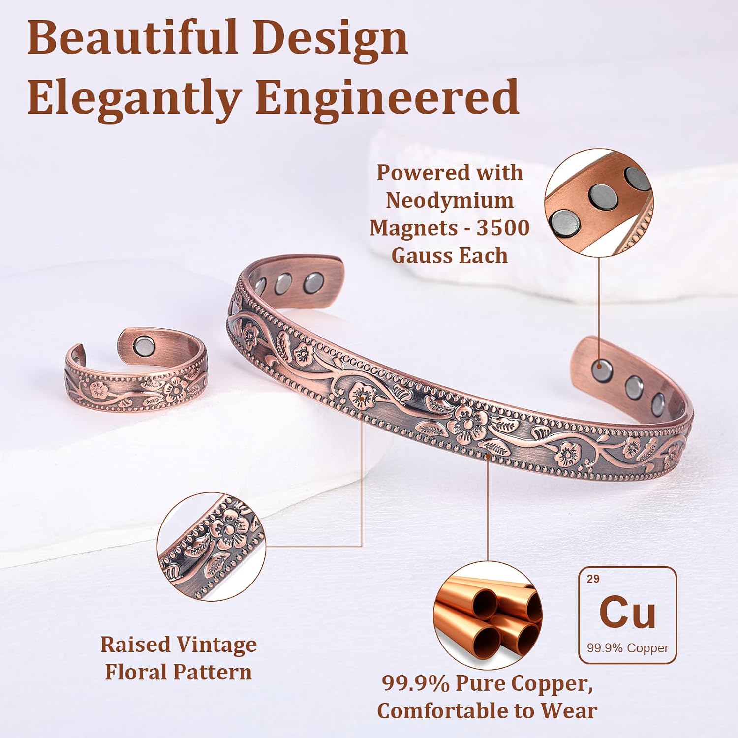 BioMag Copper Magnetic Bracelet Set for Women Men, Pure Copper Jewelry Gift | 99.99% Pure Copper Cuff Bangle Lymphatic Drainage Rings with 3500 Gauss Magnets, Adjustable & Flower Pattern, Multicolor