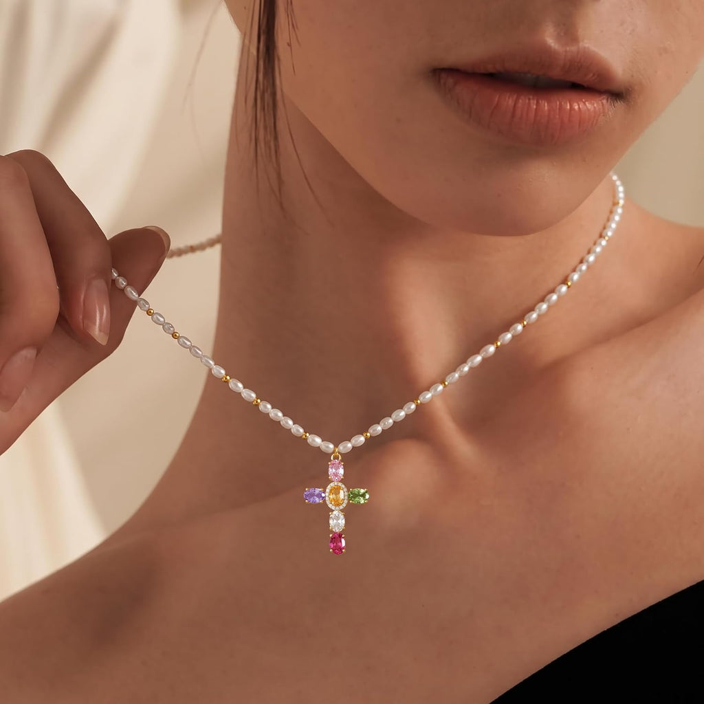 DEARMAY 14K Gold Plated Colorful CZ Cross Necklace for Women, Multi-Color Cubic Zirconia Beaded Station Chain Dainty Statement Pendant Jewelry Gifts