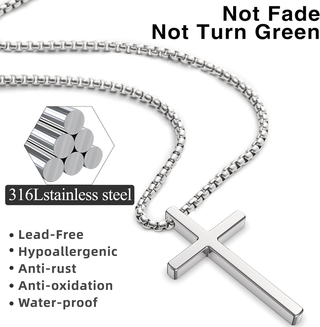 Romass 2 Pcs Cross Necklace for Men,Mens Necklace Stainless Steel Teen Boys Pendants Silver Black Gold Crosses Chain Jewelry Gifts Box 16-30 inches