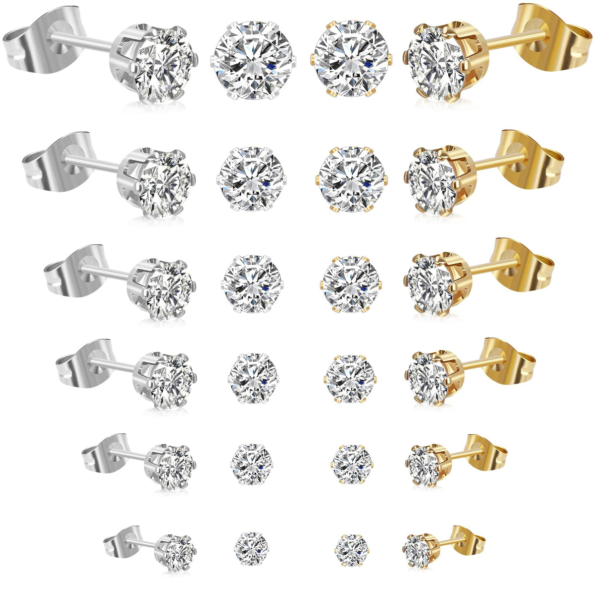 6 Pairs Stud Earrings for Women Men, Silver Gold Stainless Steel Studs Set | 3 4 5 6 7 8mm, Cubic Zirconia, 14K Gold Plated, Hypoallergenic, Flat Back Earrings for Sensitive Ears, Jewelry Gift Idea