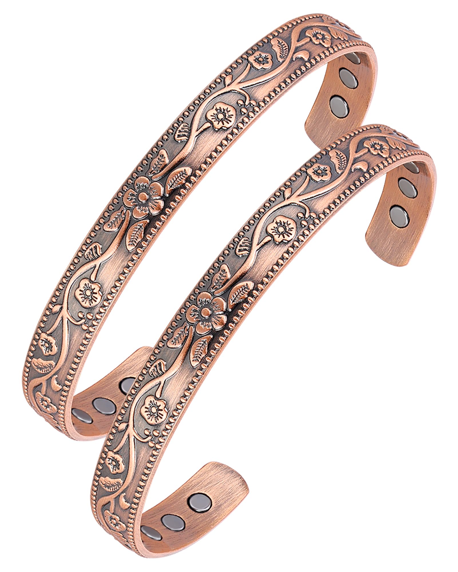 BioMag Copper Magnetic Bracelet Set for Women Men, Pure Copper Jewelry Gift | 99.99% Pure Copper Cuff Bangle Lymphatic Drainage Rings with 3500 Gauss Magnets, Adjustable & Flower Pattern, Multicolor