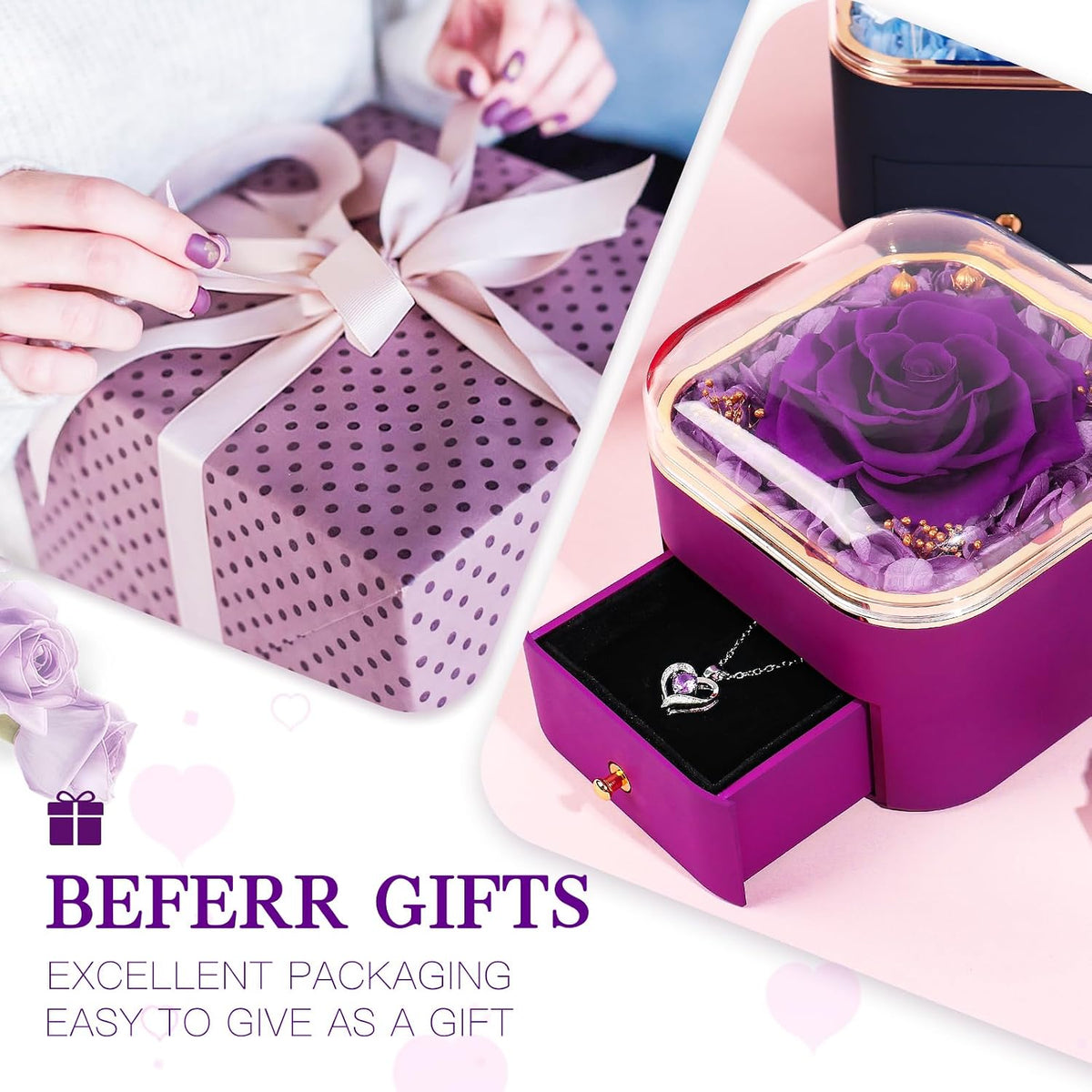 Beferr Birthday Gifts for Women Preserved Real Rose with Necklace Eternal Purple Roses Forever Flowers for Delivery Anniversary Mothers Day Flower Gifts for Mom Wife Grandma Daughter Her Girlfriend