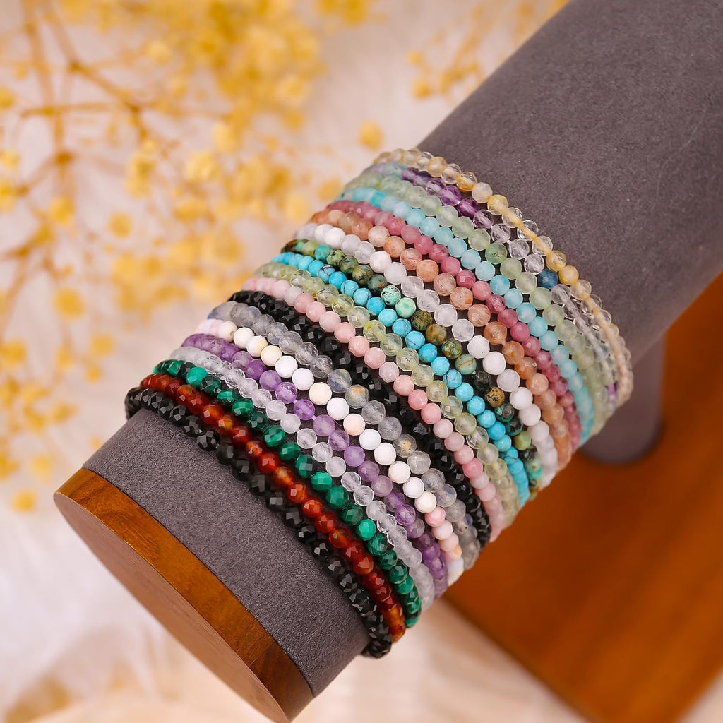 BONNY BOXX Natural Genuine Gemstone Faceted Round Beads Bracelets, 3mm Adjustable Stretchy Tiny Faceted Bracelet, Healing Crystal Reiki Chakra Dainty Jewelry Fashion Gifts