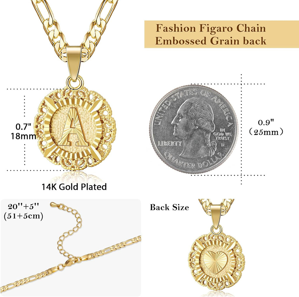 KissYan Initial Necklaces for Women | 14K Gold/White Gold/Rose Gold Plated, Round Letter Pendant with 20''+2'' Figaro Chain, Alphabets A-Z, Dainty Jewelry Gifts