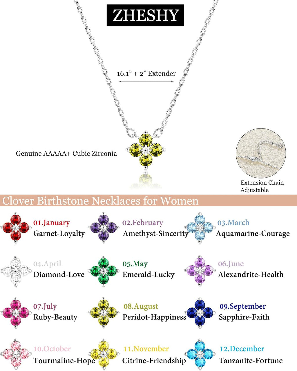ZHESHY Birthstone Silver Necklaces for Women Dainty Diamond Clover Necklace | Simple Non Tarnish Cubic Zirconia Pendant Necklaces Women Silver Trendy Jewelry Bridesmaid Birthday Gifts