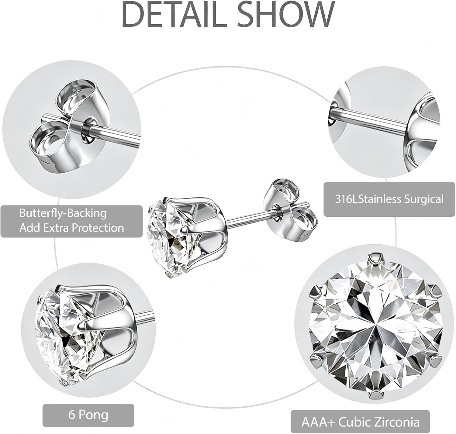 6/12 Pairs Silver Gold Stainless Steel Stud Earrings Set for Women Men | Hypoallergenic, 3 4 5 6 7 8 mm CZ, Lightweight, 14K Gold Plated Surgical 316L, Cubic Zirconia, Multiple Piercing Jewelry