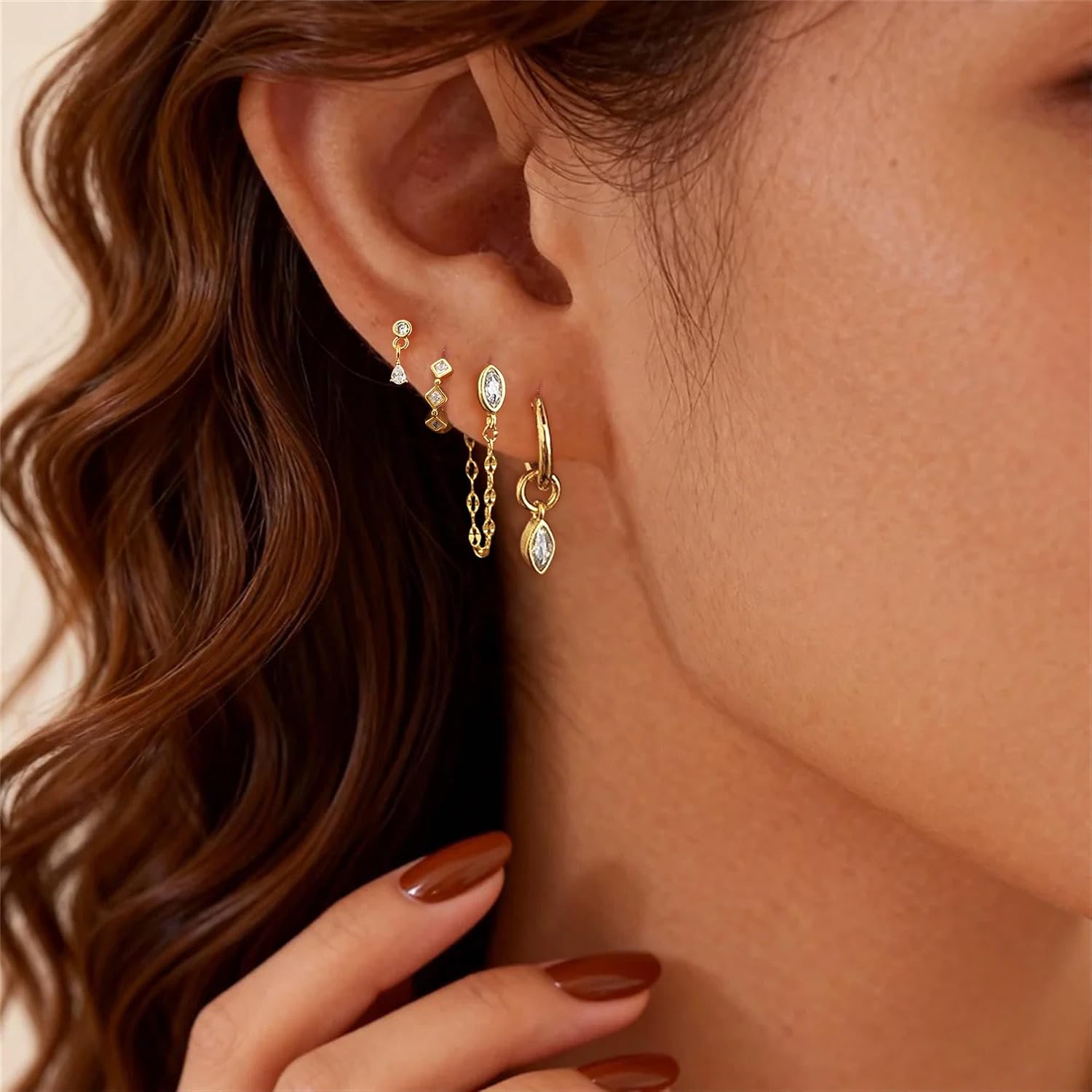 Gold Earrings for Women, Dainty Earring Stacks 14K Gold Plated Chain Earrings Cute Hypoallergenic Huggie Earrings for Women Trendy Unique Drop Hoop Earrings Stack Fashion Gold Jewelry Set