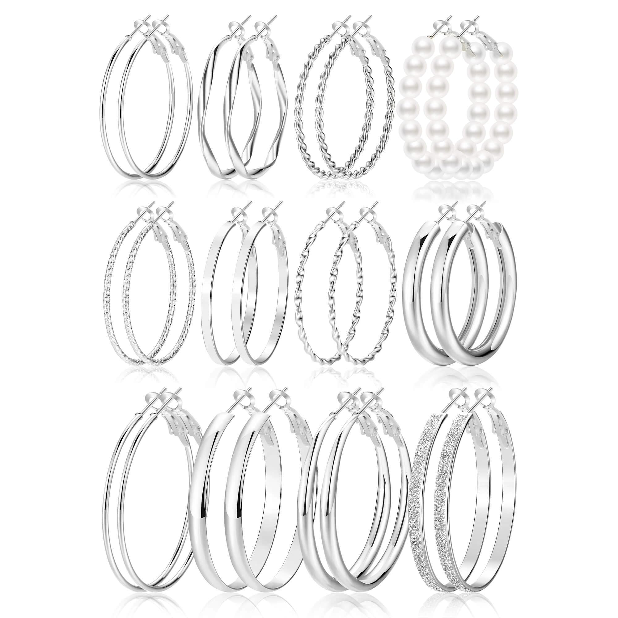 12 Pairs Gold Hoop Earrings Set for Women，Fashion Jewelry Gifts 40mm/50mm | Large/Big, Trendy, Pearl, Multiple Styles, lightweight, 14K Gold-plated, Hypoallergenic, Great for Party/Gathering/Work/Daily