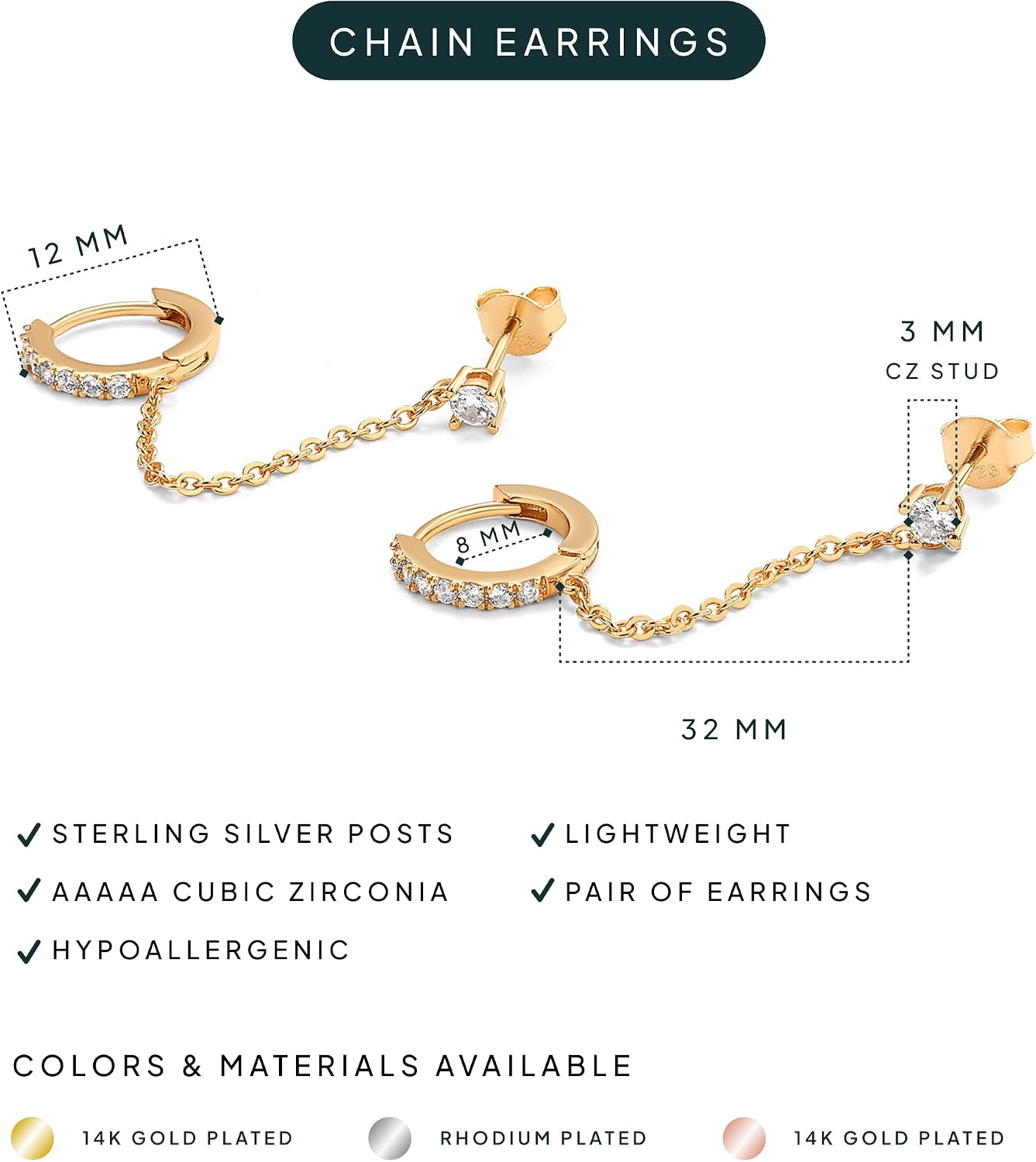 PAVOI 14K Gold Chain Earrings for Women | Double Piercing Dangle Chain Huggie Hoop Earrings | Cubic Zirconia Pearl Stud Ear Earrings for Women | Dangle Earrings for Women, Earring Stack, Ear Cuff Earrings, Cubic Zirconia Pearl Stud