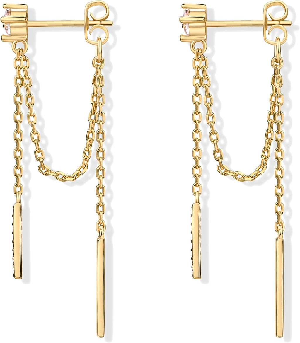 PAVOI 18K Gold Plated Drop Chain Earrings for Women, Dangle Chain Studs | Hypoallergenic Earrings with 925 Sterling Silver Posts, Trendy Cubic Zirconia & Ball Threader Earrings
