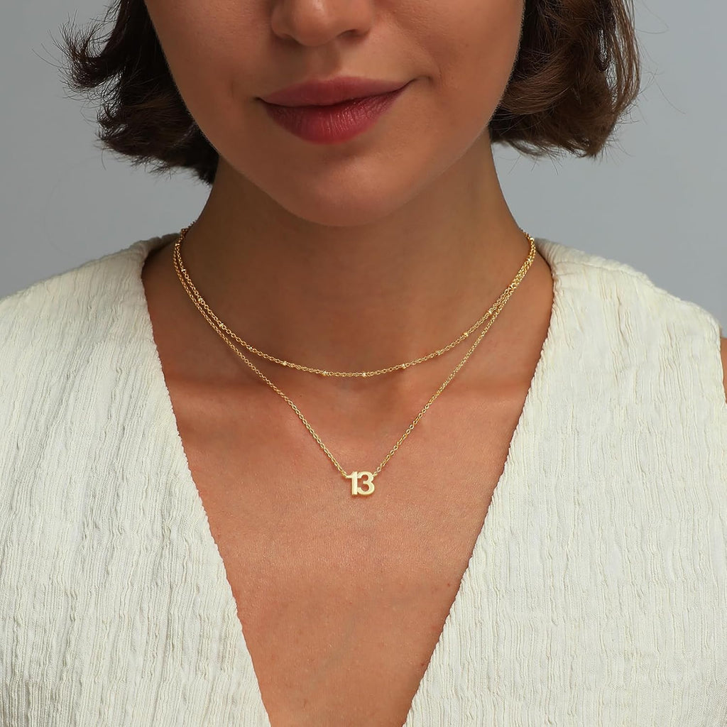 Number Necklace for Women, 14K Gold Plated Layered Chain Number Pendant Jewelry Gifts for Sister Mom Girlfriend Daughter