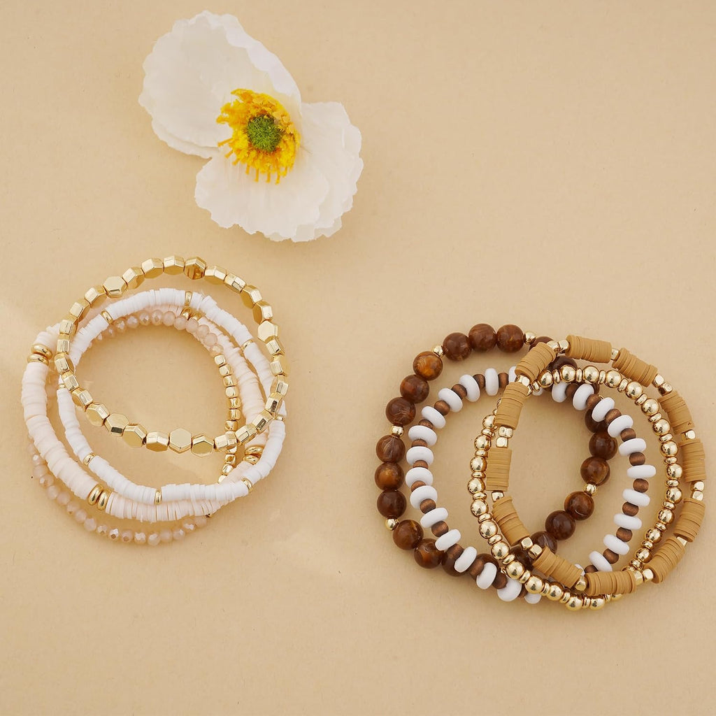 GOOJIDS Surfer Heishi Clay Bead Bracelets for Women Bohemian Stackable Gold Plated Beaded Stretch Bracelets Elastic Layering Friendship Bracelets Set Boho Jewelry