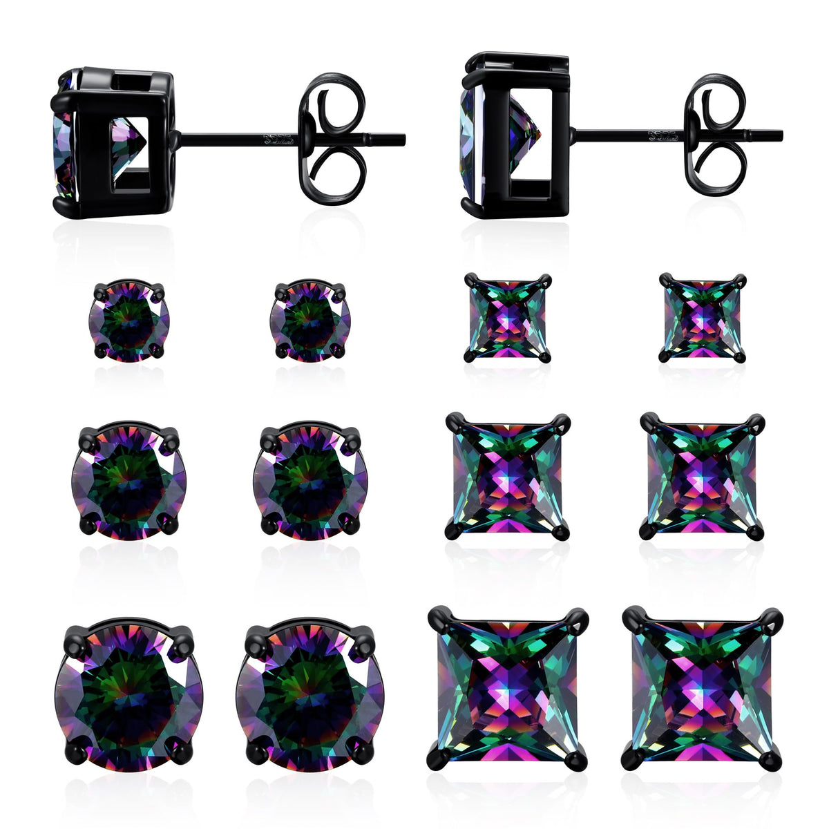 6 Pairs Stud Earrings for Men Women 316L Stainless Steel Earring | Hypoallergenic 3mm/5mm/7mm Princess & Round Cubic Zirconia Earring Set Surgical Steel CZ Ear Jewelry for Sensitive ears