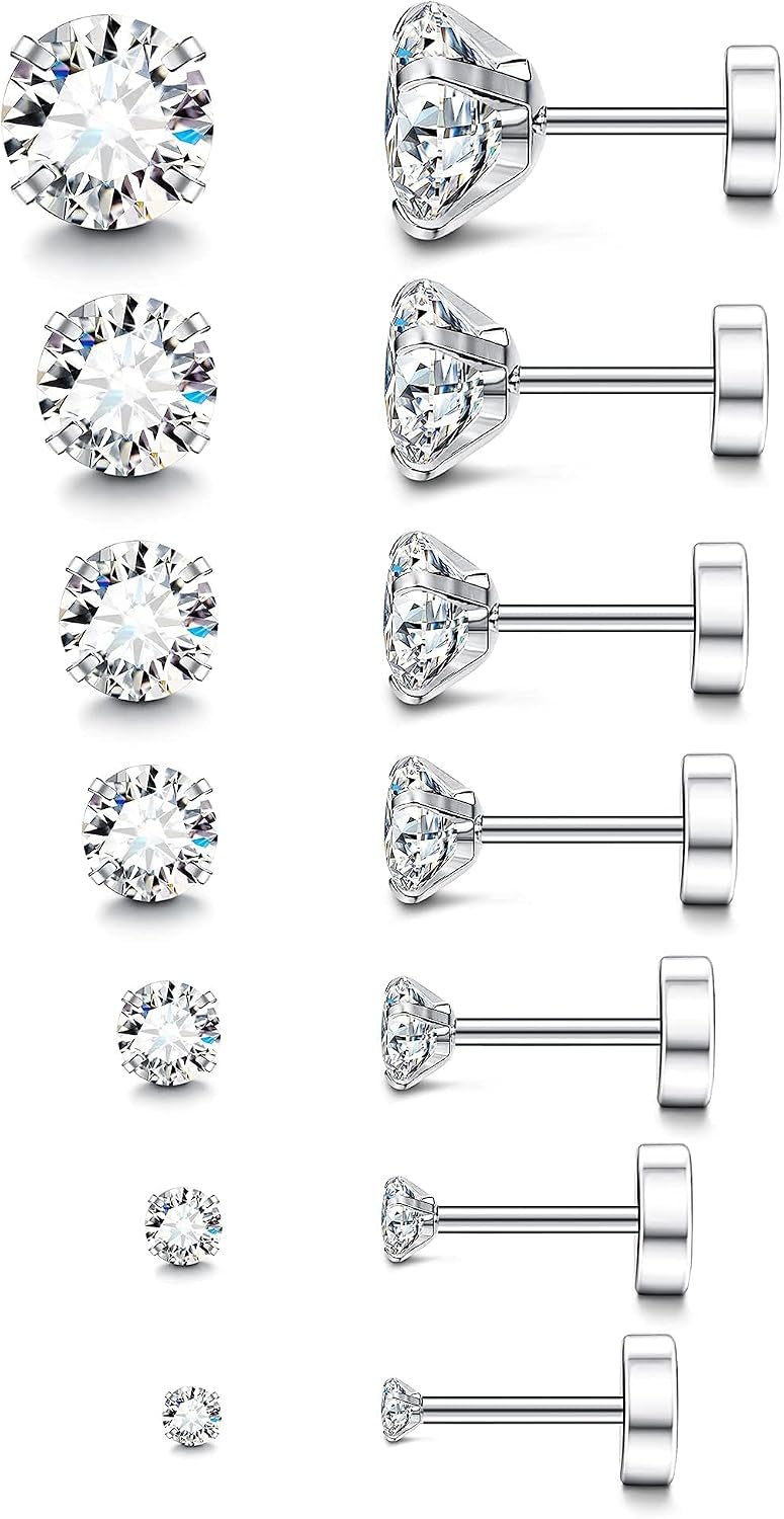 20G Hypoallergenic Flat Back Earrings for Women Men Silver 14K Gold Stainless Steel Stud Earrings Birthstone Cubic Zirconia Studs Surgical Steel Cartilage Earrings for Sensitive Ears