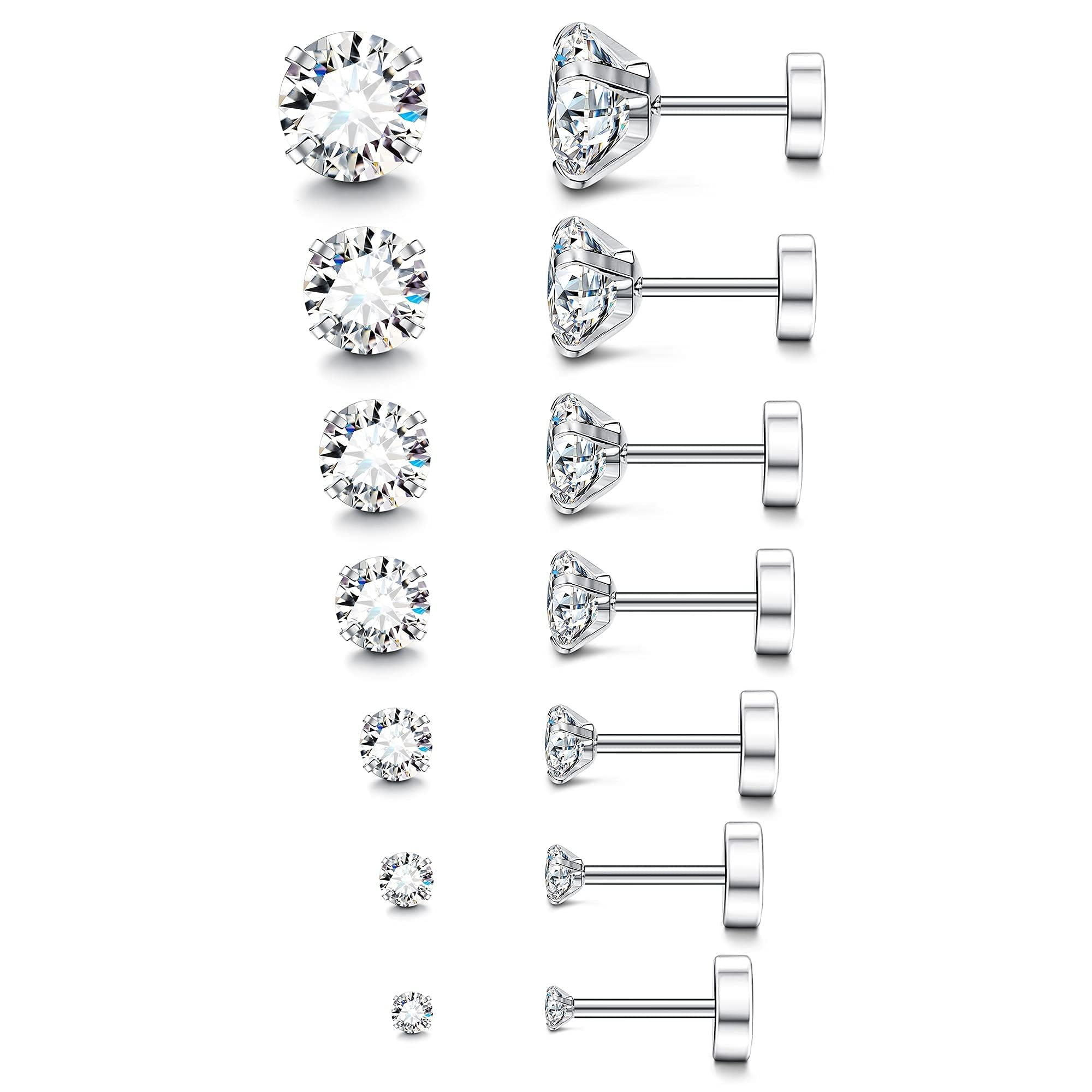 20G Hypoallergenic Flat Back Earrings for Women Men Silver 14K Gold Stainless Steel Stud Earrings Birthstone Cubic Zirconia Studs Surgical Steel Cartilage Earrings for Sensitive Ears