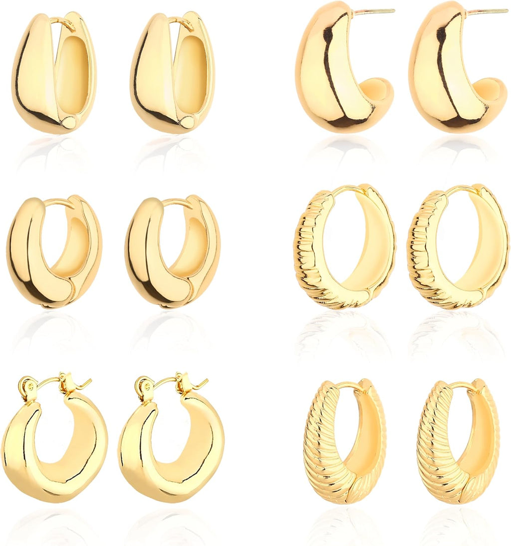 6 Pairs Chunky Gold Hoop Earrings for Women, 14K Gold Plated Hoop Earrings Hypoallergenic, Thick Lightweight Twisted Huggie Hoops Earring Set for Women’s Jewelry GIfts