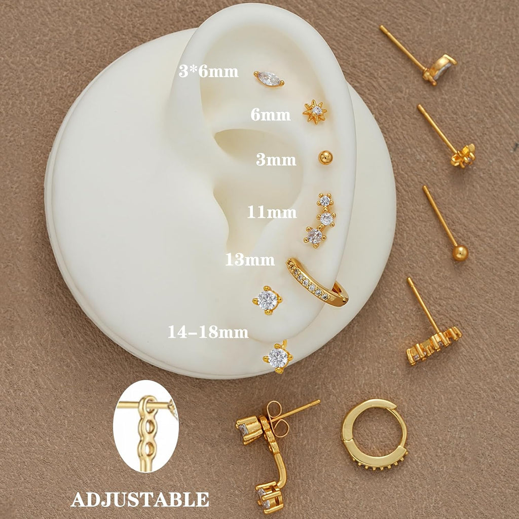 6 Pairs 14K Gold Plated Stud Earrings for Women, CZ Cartilage Stack Set | Hypoallergenic, Small Cartilage Earrings, Multiple Piercing, Dainty Stacks, Lightweight for Daily Wear, Jewelry Gift