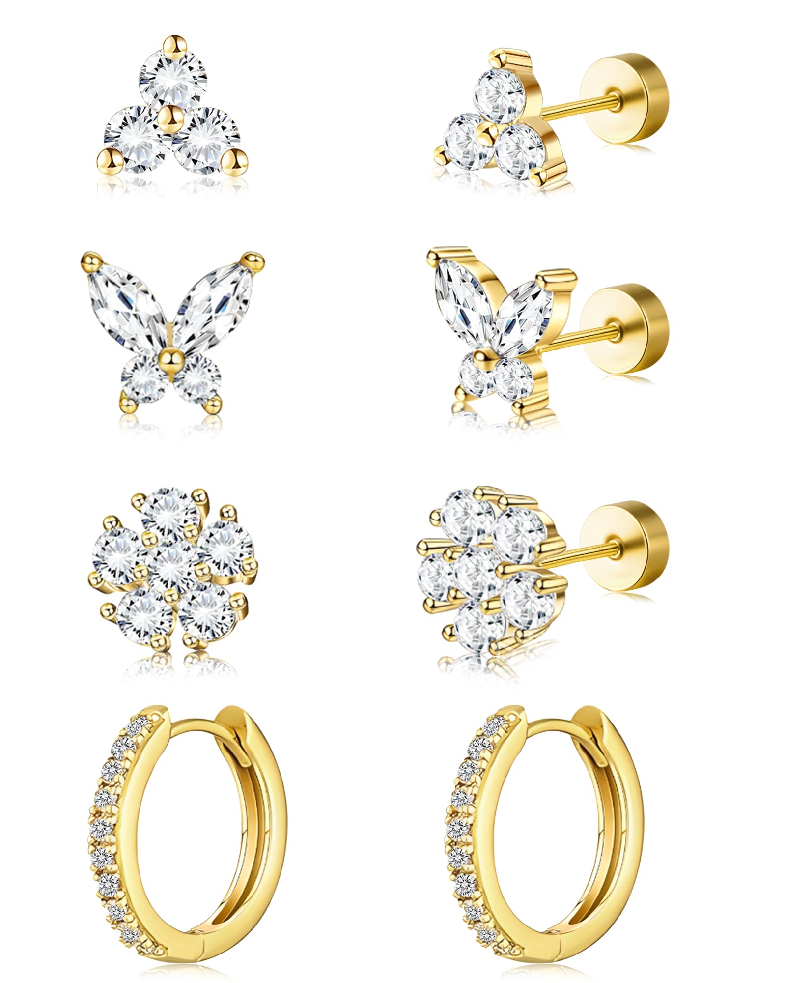 20G Gold Pink Studs Earrings for Women,14K Gold Plated Hypoallergenic Butterfly Earrings for Girls,4 Pairs Flower/Butterfly/Cubic Zirconia Cute Earring and Trendy Huggie Hoop Dainty Multipack Earring Sets