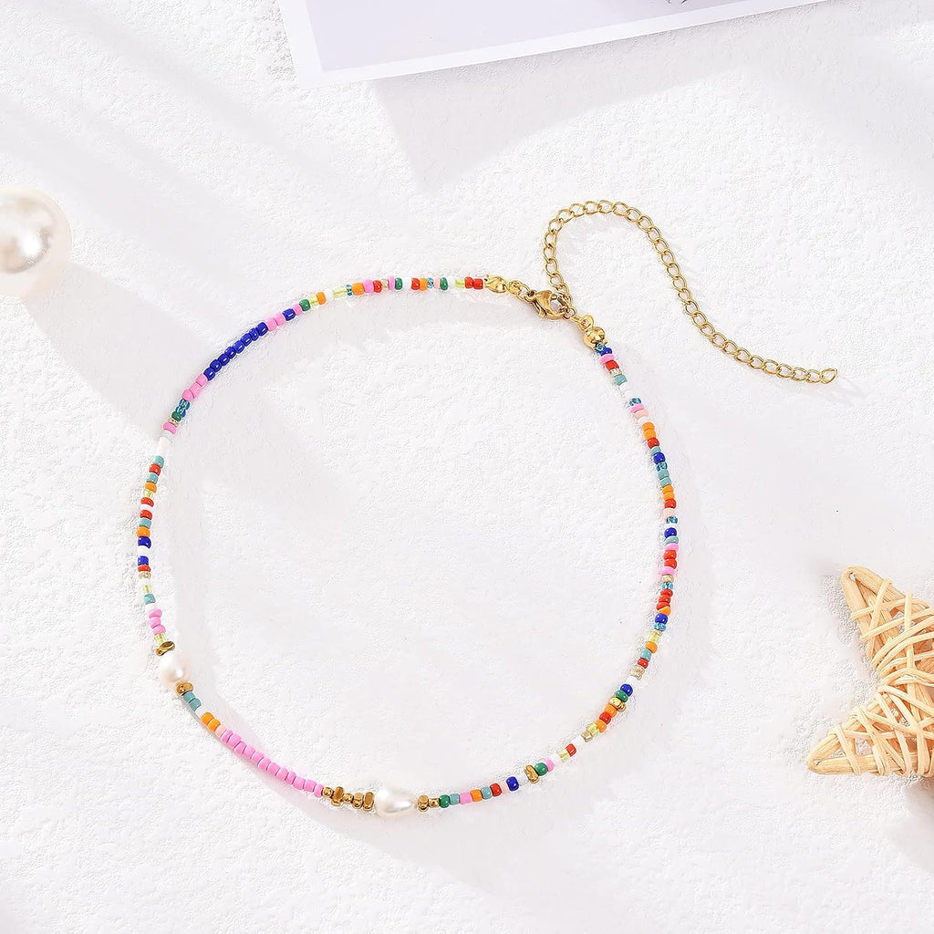 Wellike Freshwater Pearl Beaded Necklace for Women Handmade Boho Colorful Glass Beads Choker Necklace Stainless Steel 18K Gold Plated Bohemian Women Summer Jewelry Gifts