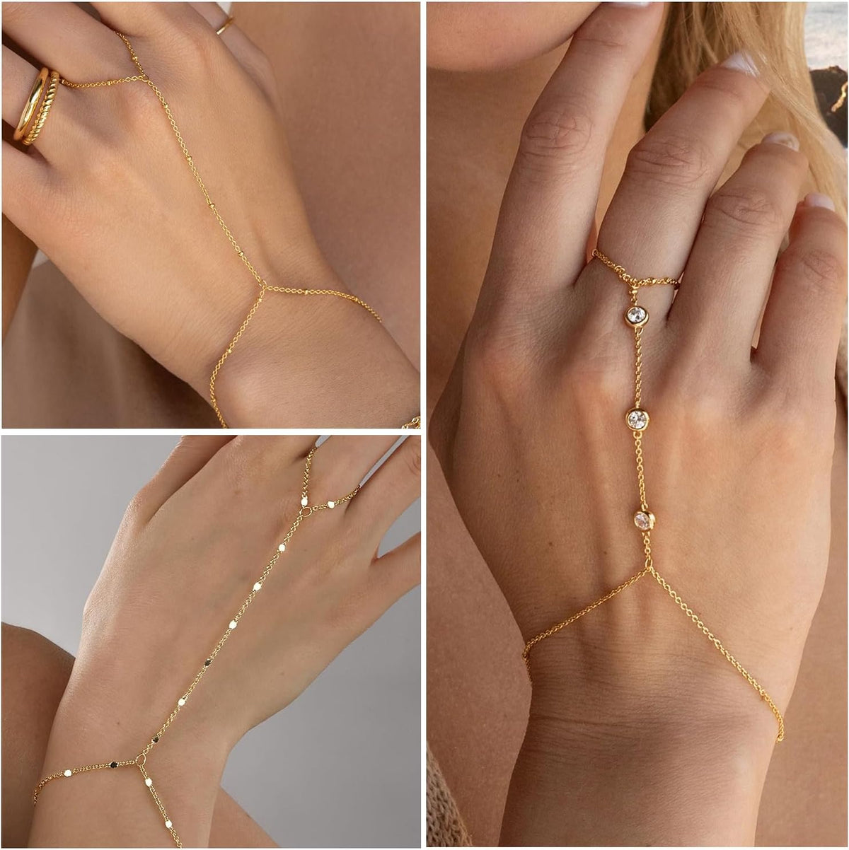 3PCS 14K Gold-Plated Hand Chain Bracelets for Women, Stack Bracelets Set Adjustable, Trendy Dainty Ring Bracelet Hand Chain