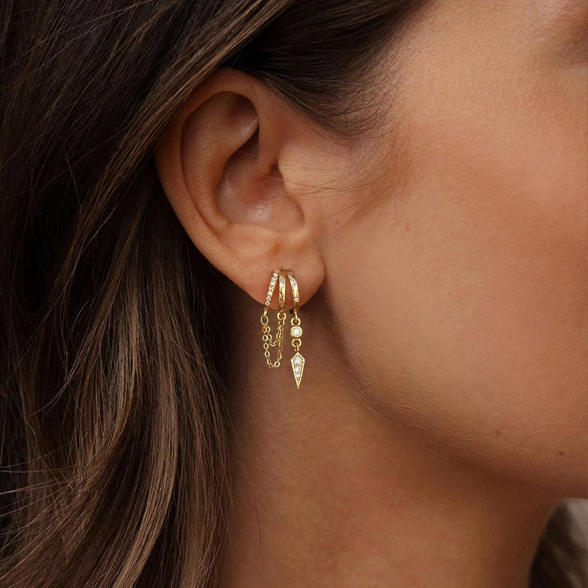 Dangle Earrings for Women,14k Gold Plated Triple Huggie Stud Earrings Cute Statement Chain Earring Dainty Drop Earrings for Women Trendy Gold Plated Jewelry