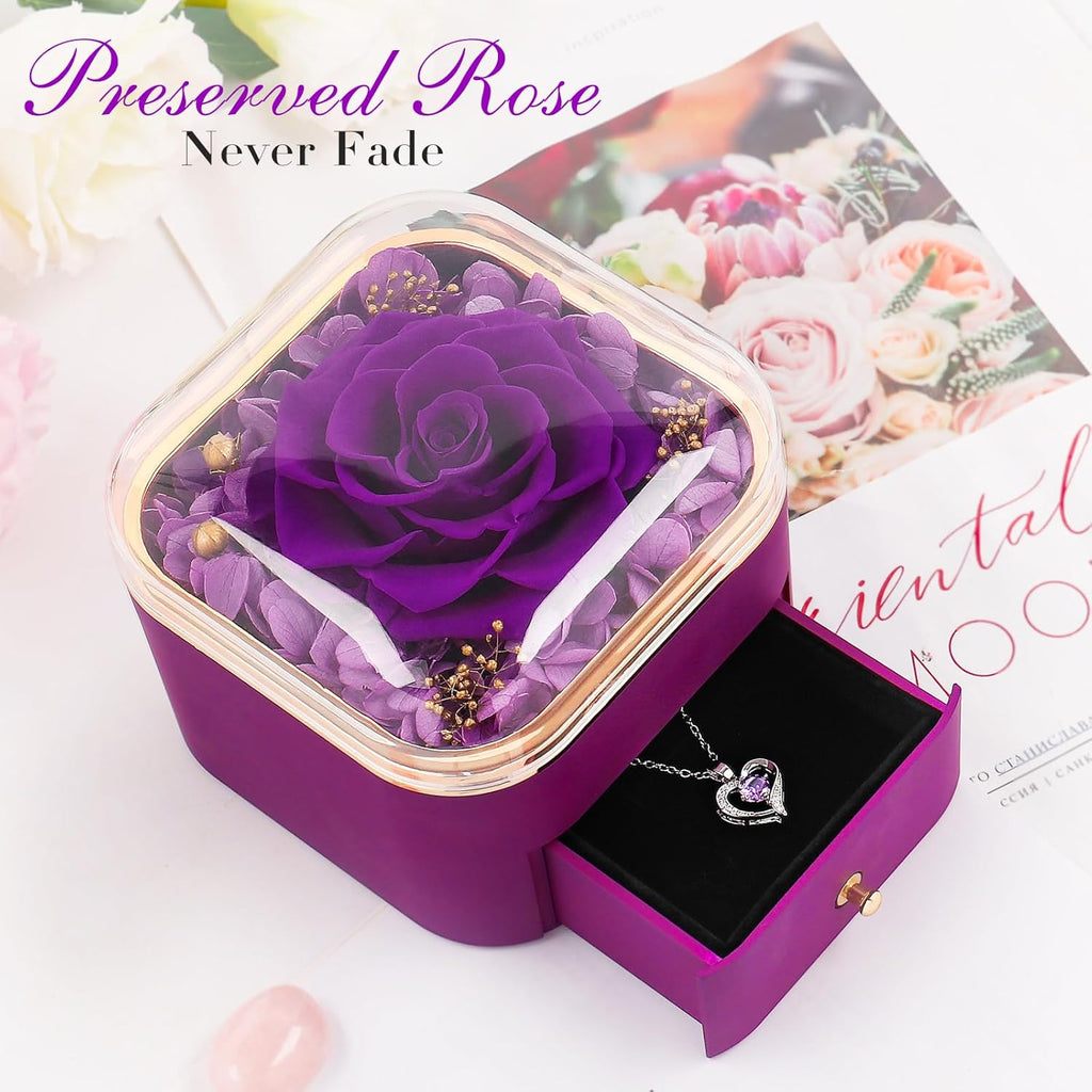 Beferr Birthday Gifts for Women Preserved Real Rose with Necklace Eternal Purple Roses Forever Flowers for Delivery Anniversary Mothers Day Flower Gifts for Mom Wife Grandma Daughter Her Girlfriend