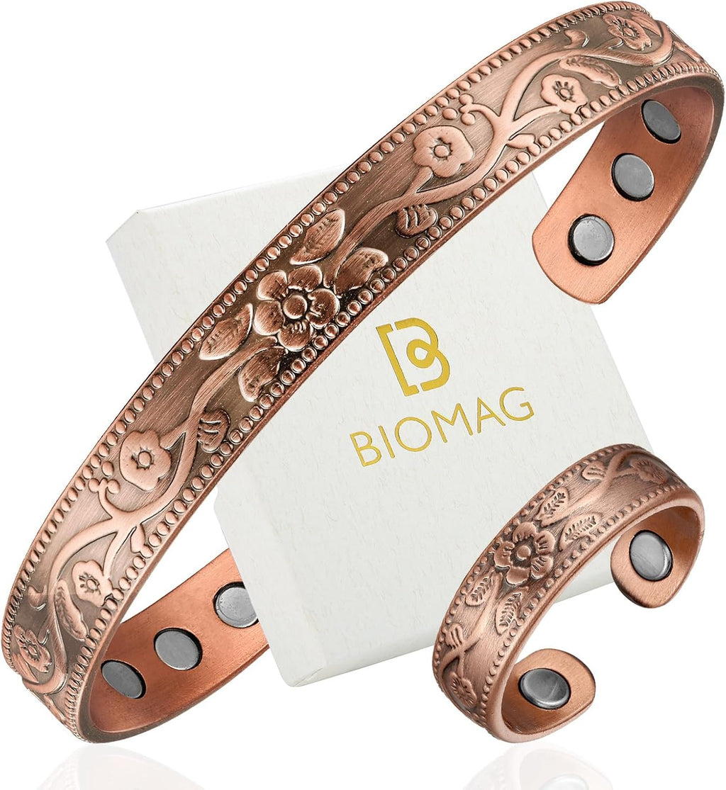 BioMag Copper Magnetic Bracelet Set for Women Men, Pure Copper Jewelry Gift | 99.99% Pure Copper Cuff Bangle Lymphatic Drainage Rings with 3500 Gauss Magnets, Adjustable & Flower Pattern, Multicolor
