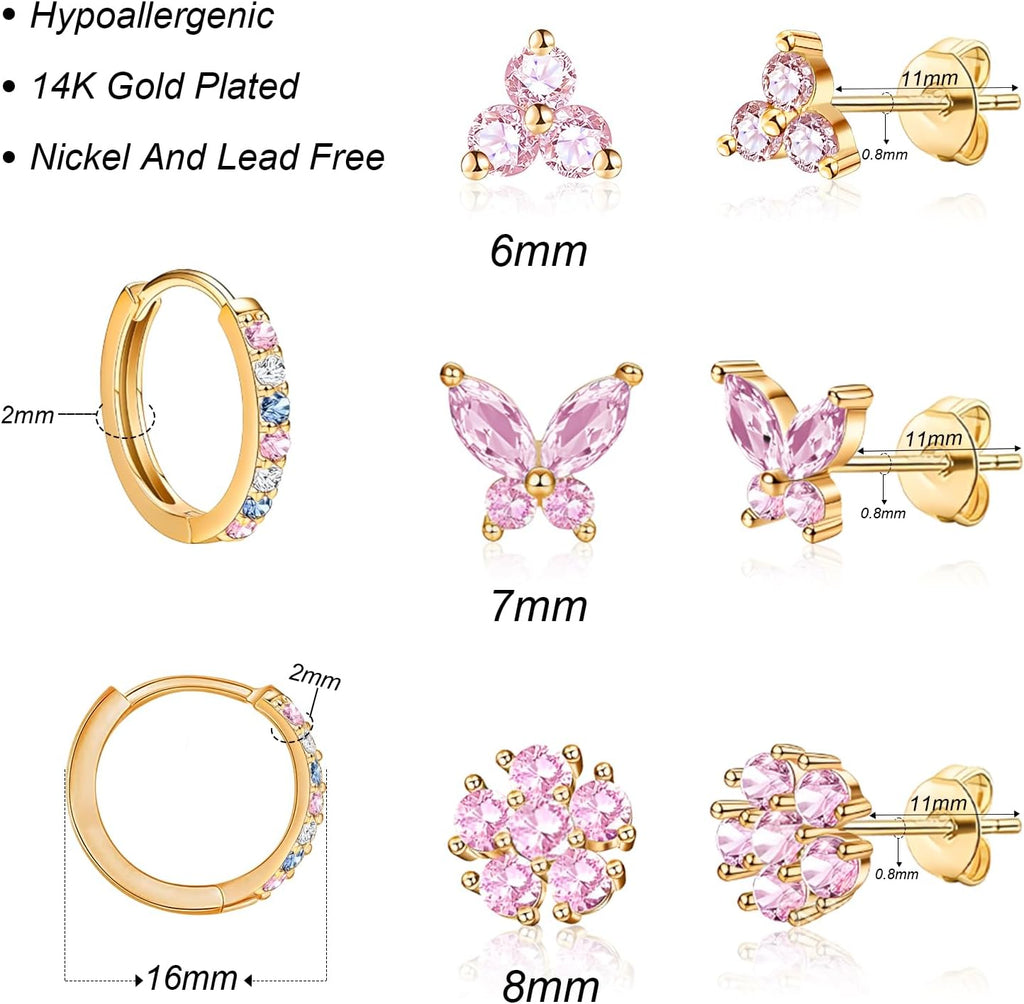 20G Gold Pink Studs Earrings for Women,14K Gold Plated Hypoallergenic Butterfly Earrings for Girls,4 Pairs Flower/Butterfly/Cubic Zirconia Cute Earring and Trendy Huggie Hoop Dainty Multipack Earring Sets