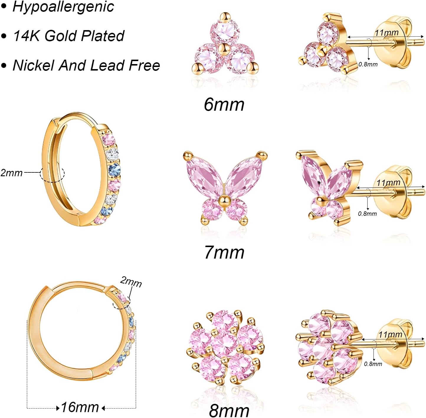 20G Gold Pink Studs Earrings for Women,14K Gold Plated Hypoallergenic Butterfly Earrings for Girls,4 Pairs Flower/Butterfly/Cubic Zirconia Cute Earring and Trendy Huggie Hoop Dainty Multipack Earring Sets