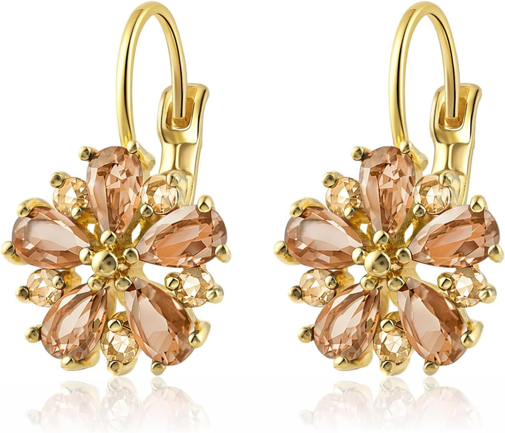 Vintage 14K Gold Plated Flower Birthstone Earrings | Hypoallergenic Leverback Floral Earrings, Trendy Jewelry Gifts for Women