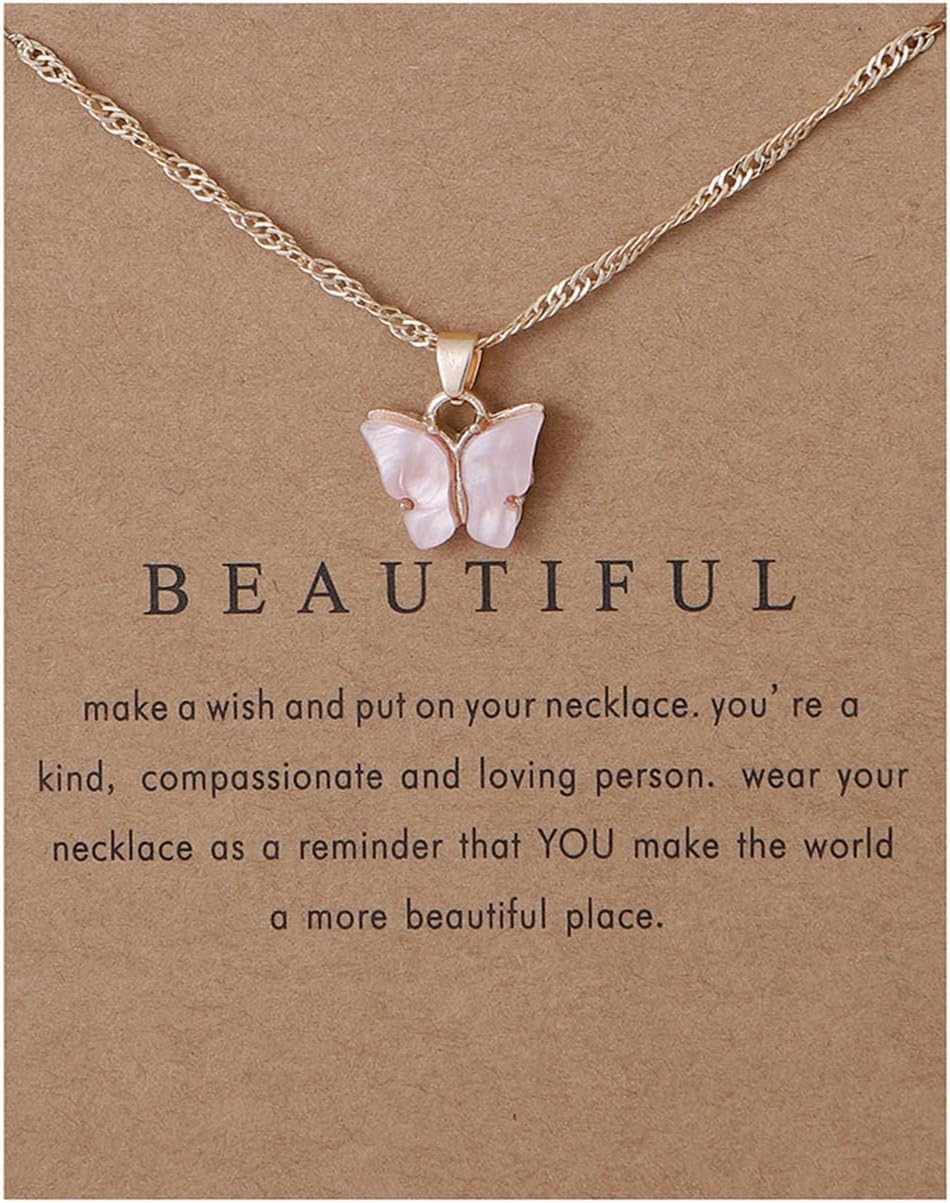 Caiyao Sweet Cute Colorful Butterfly Adjustable Clavicle Chain Lightweight Arcylic Insect Necklace with Message Card Friendship Good Luck Bohemian Jewelry for Women