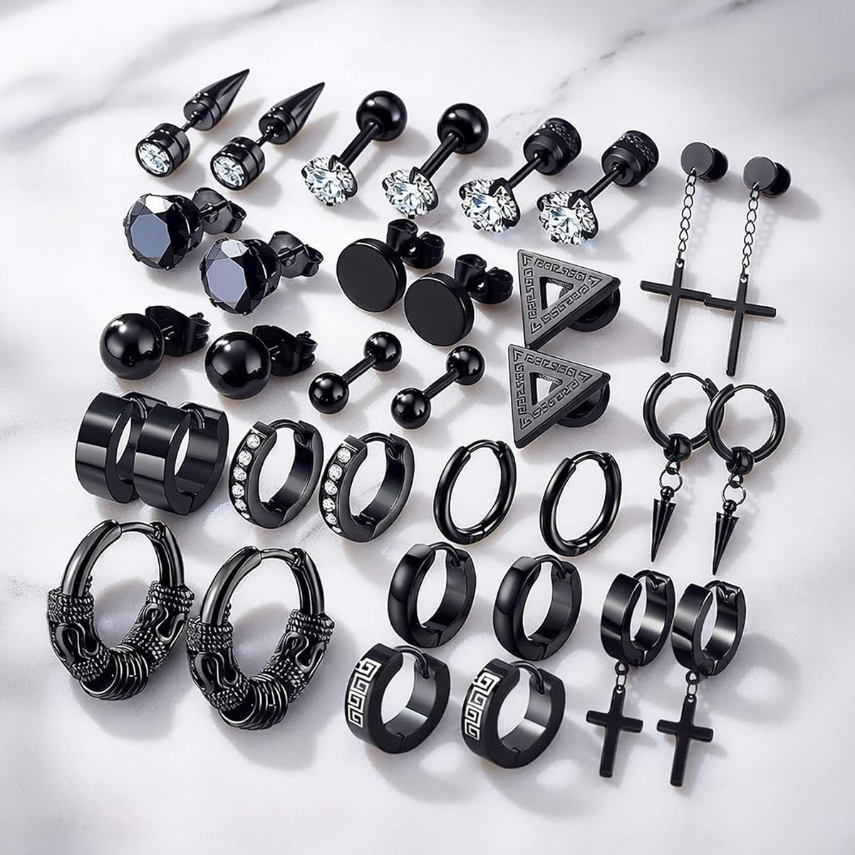 17 Pairs Earrings for Men, Stainless Steel Earrings For Men Sensitive Skin, Fashion Earring Piercing Jewelry Cross Dangle Hoop Earrings Kit Studs Long-lasting Shine