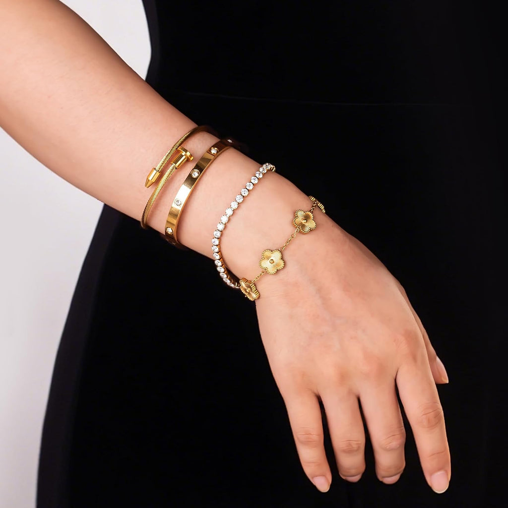 18K Gold Plated Bangle Bracelet Set for Women Stackable Lucky Floral Adjustable Tennis Bracelet Non Tarnish Gift Jewelry for Christmas Valentines Birthday Mother's Day
