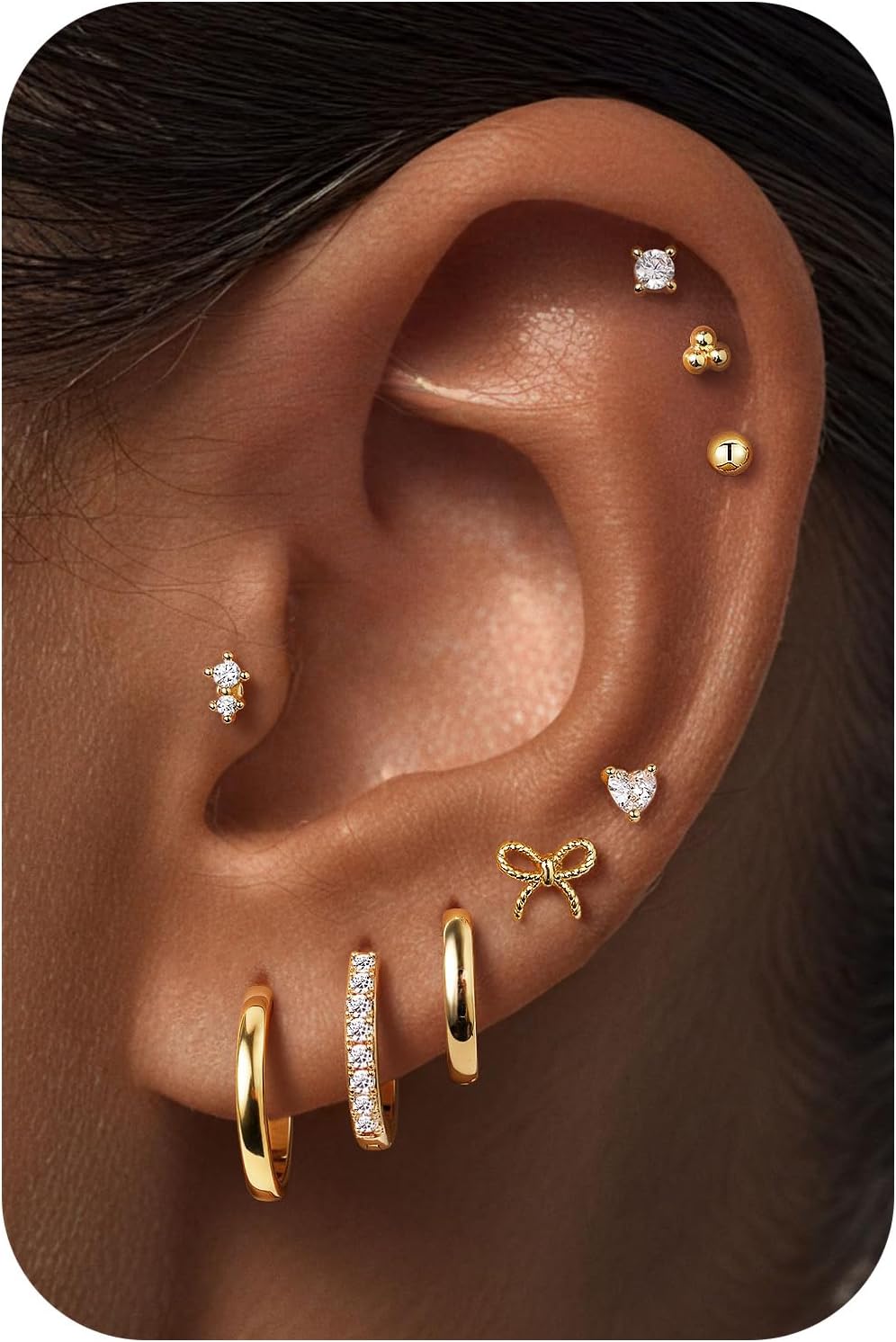M MOOHAM 9 Pairs Flat Back Earring Stack Set for Women Teen Girls | Hypoallergenic Earrings, 14K Gold Plated Huggie Hoop Stud Earring, Small Cute Bow Cartilage Earrings, Trendy Jewelry Gifts