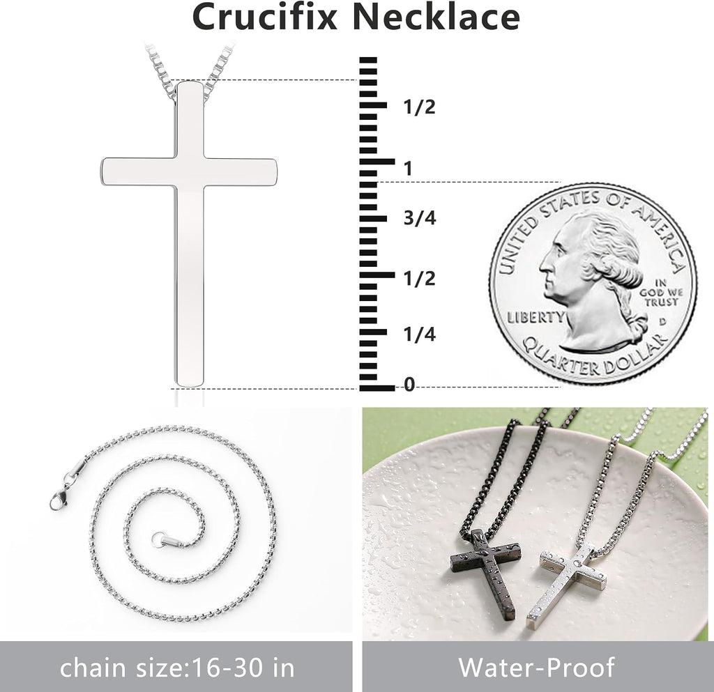 Romass 2 Pcs Cross Necklace for Men,Mens Necklace Stainless Steel Teen Boys Pendants Silver Black Gold Crosses Chain Jewelry Gifts Box 16-30 inches